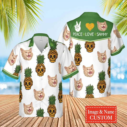 Pineapple Cat, Peace, Love Hawaiian Personalized Name And Image Cat Summer Shirt Beach Hawaiian Shirt HO4300