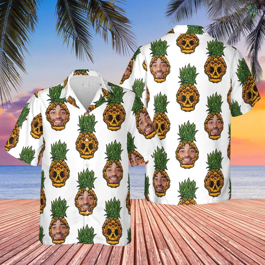 Custom Photo Pineapples Hawaii Funny Summer Shirt Beach Hawaiian Casual Button Down Short Sleeve Hawaiian Shirt HO4297