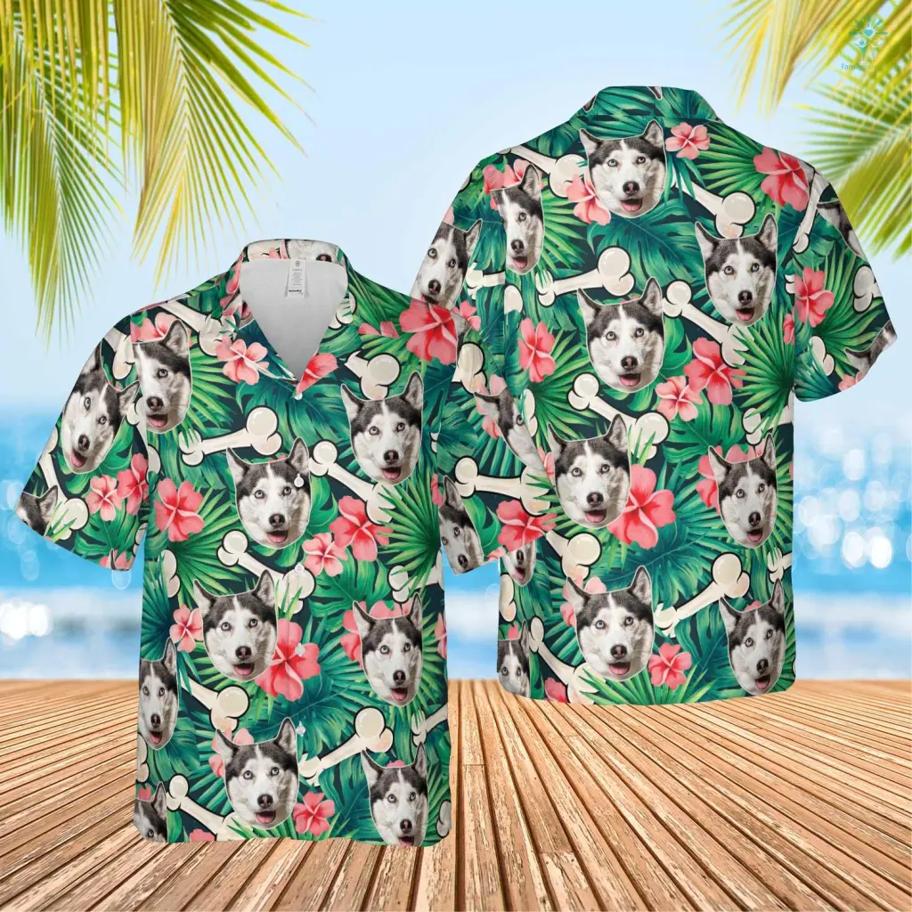 Custom Photo Dog Green Leaves With Bones Hawaiian, Funny Summer Shirt Beach Hawaiian Shirt, Idea Gift for Pet Lover HO4321