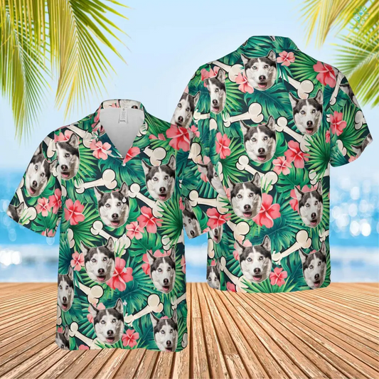 Custom Photo Dog Green Leaves With Bones Hawaiian, Funny Summer Shirt Beach Hawaiian Shirt, Idea Gift for Pet Lover HO4321