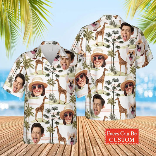 Custom Photo Family Funny Giraffe Palm Tree Hawaiian Shirt, Custom Hawaiian Shirt, Gift for Men Women HO0134