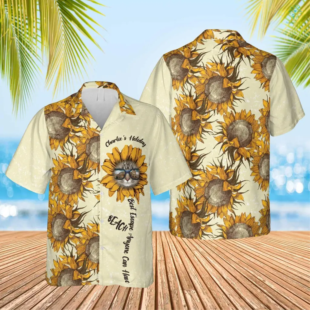 Sunflower Summer Best Escape Anyone Can Have Hawaiian Custom Name And Image Cat Summer Shirt Beach Hawaiian Shirt, Gift for Dog Cat Lover HO4318