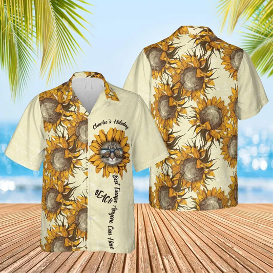 Sunflower Summer Best Escape Anyone Can Have Hawaiian Custom Name And Image Cat Summer Shirt Beach Hawaiian Shirt, Gift for Dog Cat Lover HO4318