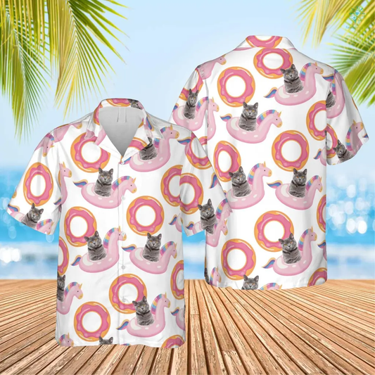 Custom Photo Cat Summer Shirt Beach Hawaiian Shirt, Summer Vacation, Unicorn Swim Float Hawaiian Funny HO4317