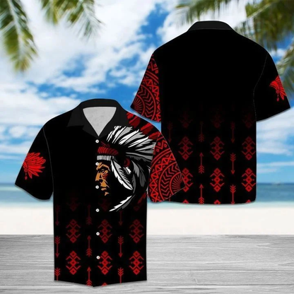 Native American With Hat Of Feathers Black And White Theme Hawaiian Shirt HO2118