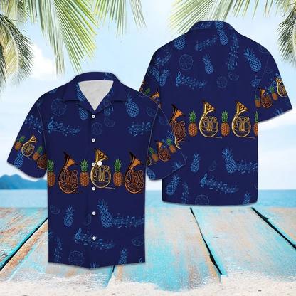 Navy Themed French Horn Musical Instrument Hawaiian Shirt HO1807