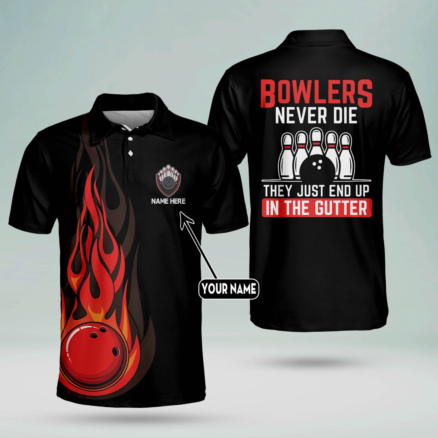 Custom Bowling Shirts For Men - Men's Customize Funny Bowling Shirt - Flame Bowling Team Shirts - American Short Sleeve Bowling Shirts For Men BM0066