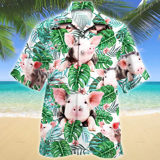 Pig Tropical Plant Hawaiian Shirt, Summer Men Hawaiian Shirts - Casual Button Down Short Sleeve Shirt HO2481