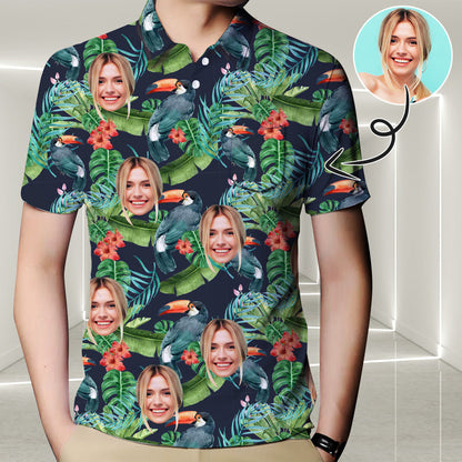 Custom Face Parrot Green Polo Shirt For Men, Personalized Photo Shirt, Customized Men's All Over Print Polo Shirt HO4342