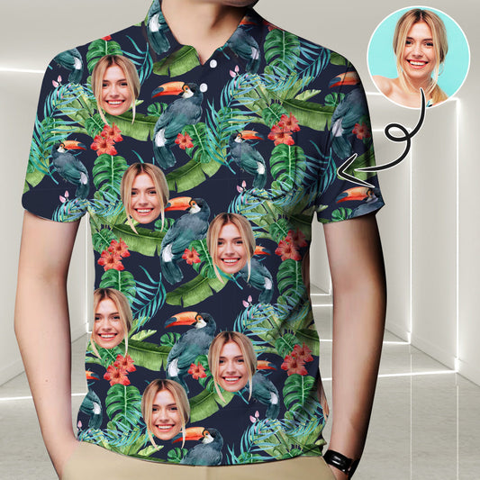 Custom Face Parrot Green Polo Shirt For Men, Personalized Photo Shirt, Customized Men's All Over Print Polo Shirt HO4342