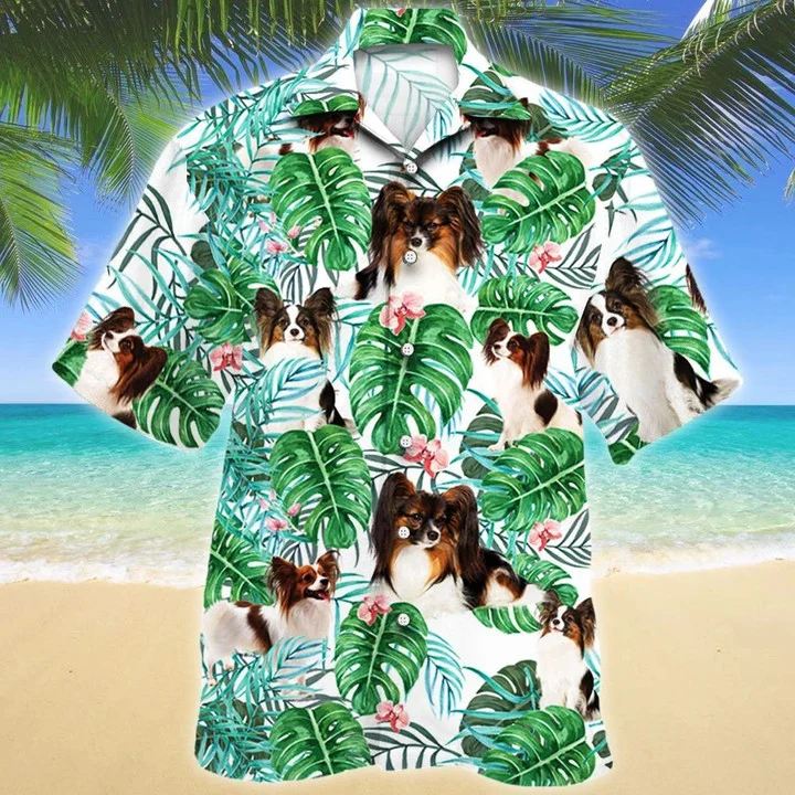 Papillon Dog Tropical Plant Monstera Leaves And Pink Flower Pattern Hawaiian Shirt HO1397