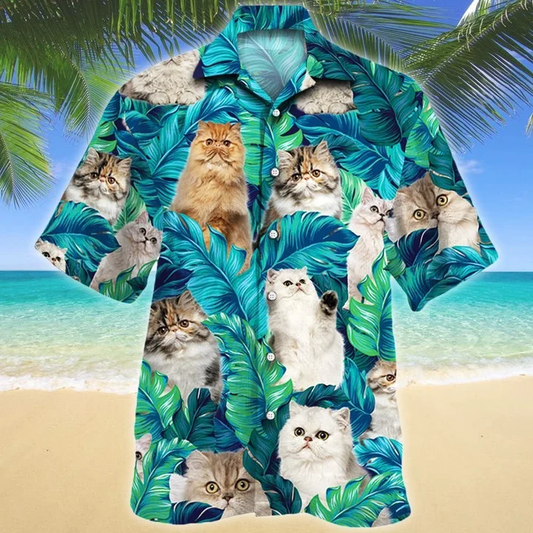Persian Cat Lovers Gift Blue And Green Tropical Leave Hawaiian Shirt HO1975