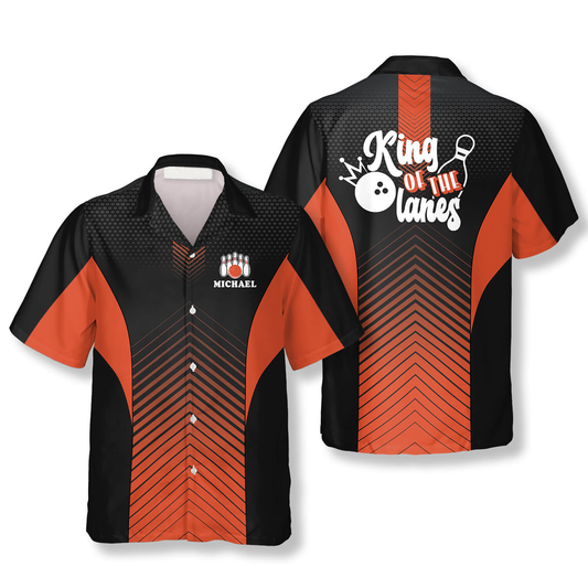 King of the Lanes Orange Custom Bowling Hawaiian Shirt, Gift for Bowler, Personalized Bowling 3D Shirt HO4077