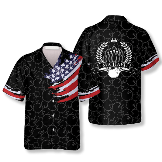 Bowling Pattern Flag Crown Emblem Custom Bowling Hawaiian Shirt, Bowling Shirt, Flag Hawaiian Shirt HO4073