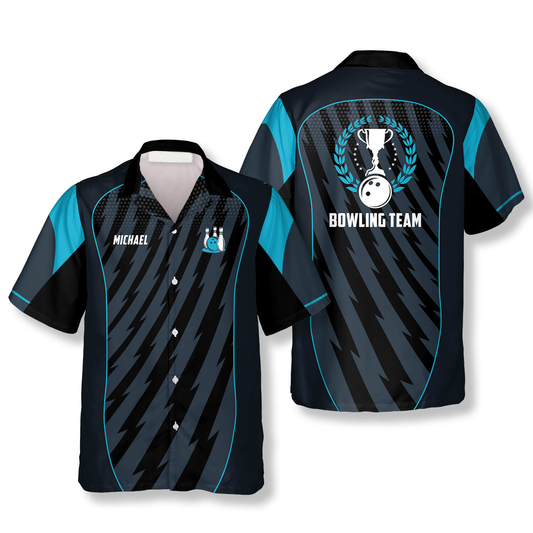 Blue Sports Style Trophy Emblem Custom Bowling Hawaiian Shirt, Uniform Team Bowling Shirt HO0057