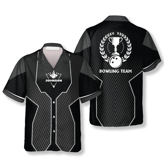Black Sports Style Trophy Emblem Custom Bowling Hawaiian Shirt, Uniform Shirt for Team Bowling HO4075