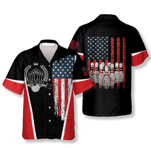 Vintage American Flag Emblem Custom Bowling Hawaiian Shirt, Bowling Shirt, Flag Shirt HO4081