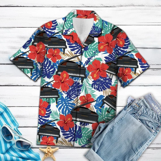Piano With Red Hibiscus And Tropical Leaves Design Hawaiian Shirt HO2070