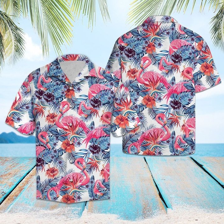 Pink Flamingo With Red Hibiscus In White Hawaiian Shirt HO2190