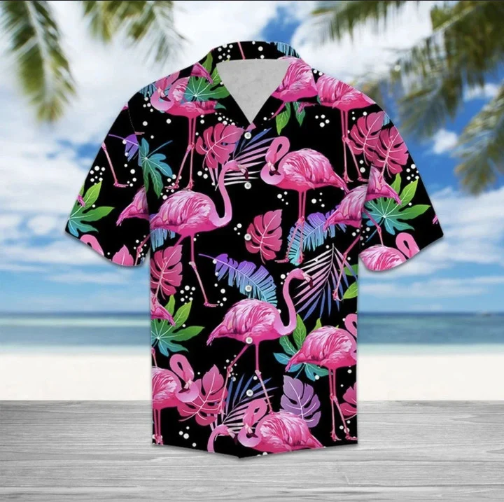 Flamingo hawaiian shirts for men, Pink Palm And Flamingo Ornamental Hawaiian Shirt HO1916