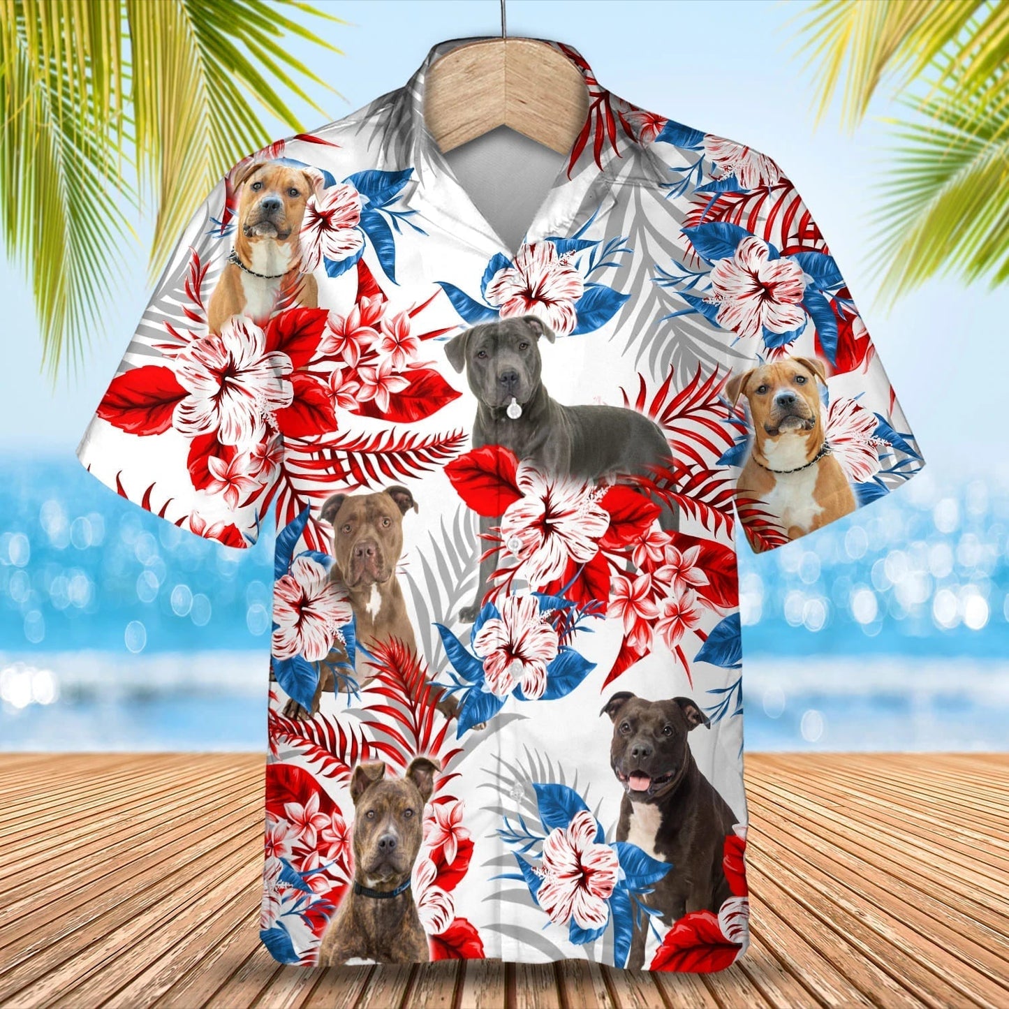 Pitbull flower American flag Hawaiian Shirt, Summer aloha shirt, Men Hawaiian shirt, Gift for summer HO0807