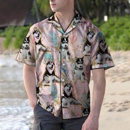 Playful Siberian Husky Boho Feather Pattern Hawaiian Shirt HO1875
