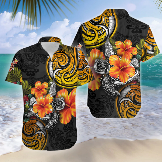 Polynesian Turtle Hibiscus Hawaiian Shirts Casual Short Sleeve Aloha Beach Shirt HO2213
