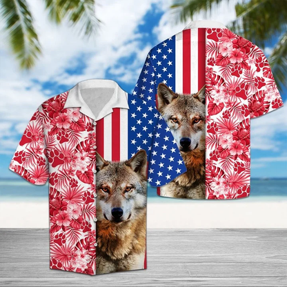 Portrait Of Wolf Usa And Tropical Red Plant Pattern Hawaiian Shirt HO1788