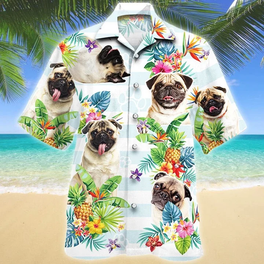 Pug Dog Paw Tropical Flower Blue And White Stripe Hawaiian Shirt, Short Sleeve Hawaiian Aloha Shirt for men and women HO1830