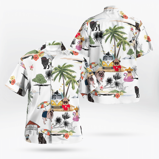 Pug On The Beach Unisex Hawaiian Shirt, Summer gift, Hawaiian Shirts for Men, Aloha Beach Shirt HO1032