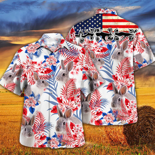 Rabbit Lovers American Flag Hawaiian Shirt, Rabbit Hawaiian shirt vintage flower, Hawaiian shirt men, Hawaiian shirt women HO2617