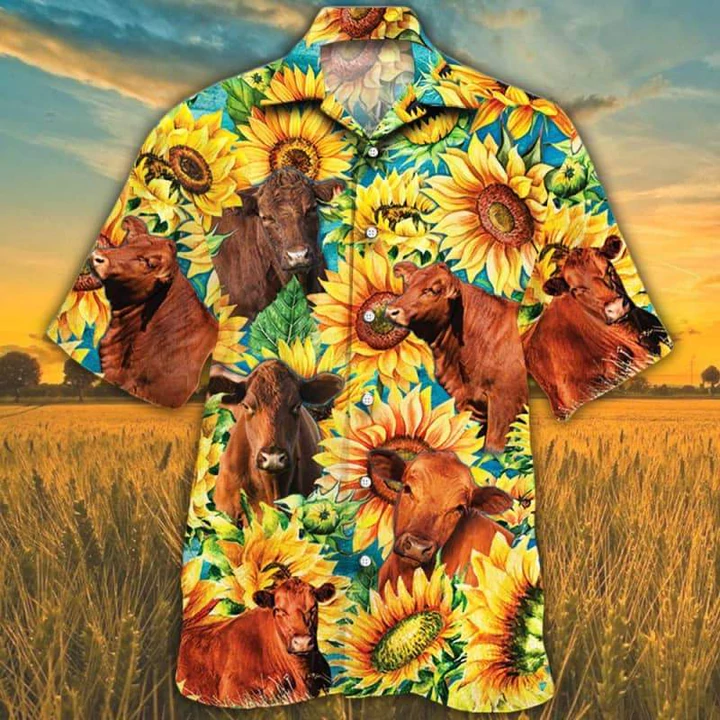Red Angus Cattle Lovers Sunflower Watercolor Hawaiian Shirt, Cow Hawaiian shirts for men, women HO2559