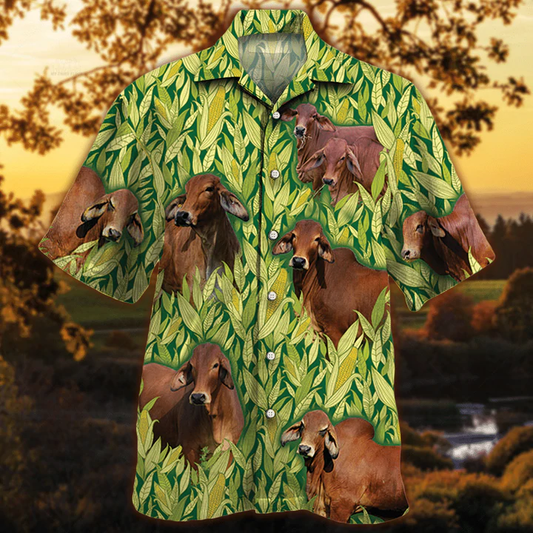 Red Brahman Cattle Lovers Corn Pattern Hawaiian Shirt, Vintage Farm Hawaiian Shirts for Men HO2519