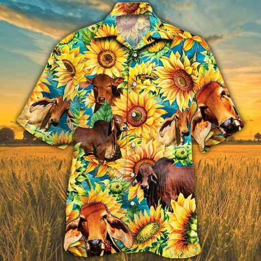 Red Brahman Hawaiian shirt for men, women, Cow Cattle Lovers Sunflower Watercolor Hawaiian Shirt HO2557