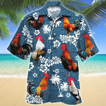 Rooster Lovers Blue Tribal Hawaiian Shirt, Chicken Hawaiian shirts, Rooster aloha shirt for men, Hawaii shirt woman HO2648