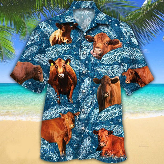 Red Angus Cattle Lovers Blue Feather Hawaii Hawaiian Shirt HO2235