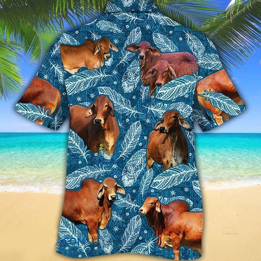 Red Brahman Cattle Lovers Blue Feather Hawaii Hawaiian Shirt HO2247