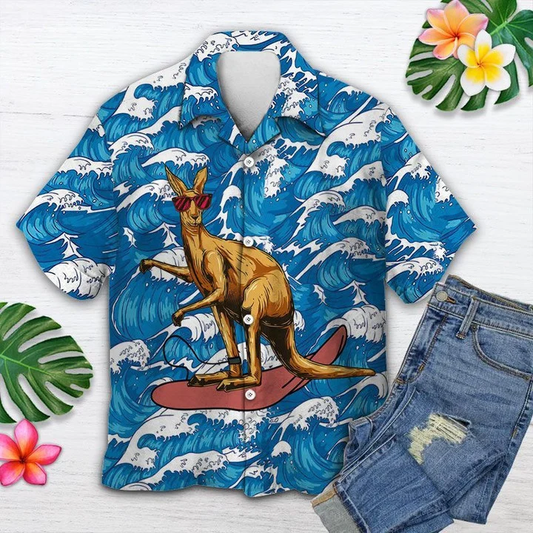 Red Glasses Kangaroo Surfing On Ocean Waves Hawaiian Shirt HO1714