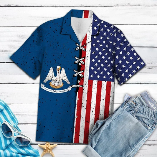 Retro Style Louisiana Usa Flag Pattern Hawaiian Shirt, Summer hawaii shirt for Men women HO1734