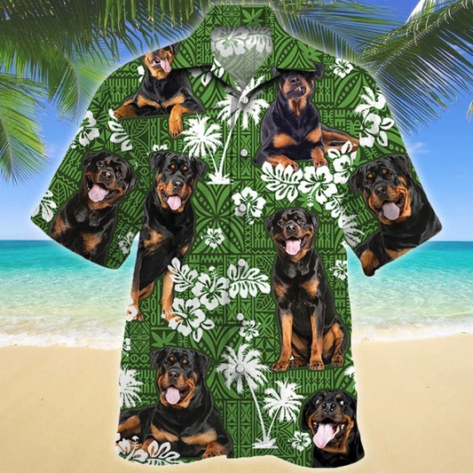 Rottweiler Dog Tongue Out On Green Tribal Pattern Hawaiian Shirt HO2076