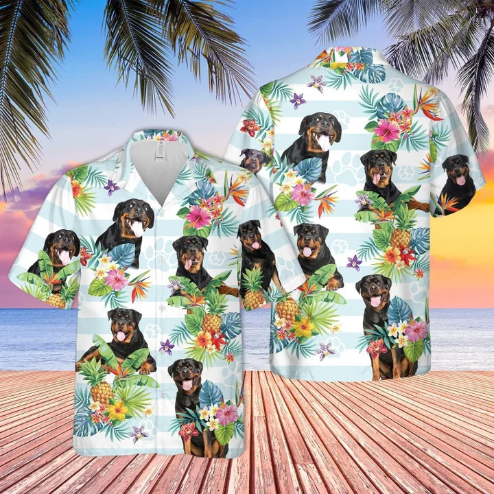 Rottweiler hawaiian shirt, Dog Tropical Flower Blue And White Striped Hawaiian Shirt HO1904
