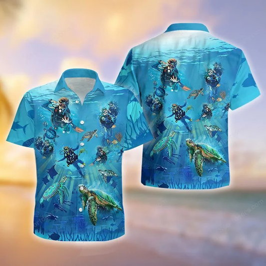 Scuba Diving - Ocean Turtle Tropical Hawaiian Shirt, Summer gift, Hawaiian Shirts for Men, Aloha Beach Shirt HO1009