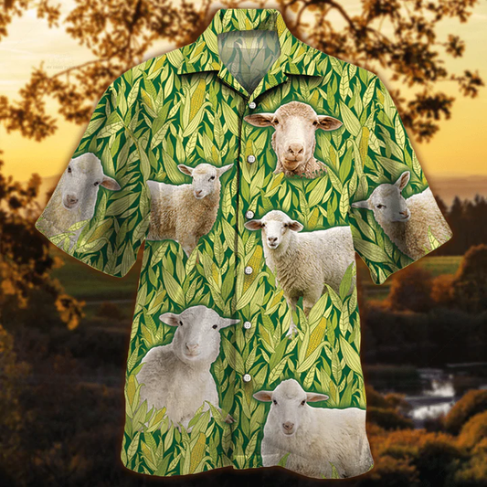 Sheep Lovers Corn Pattern Hawaiian Shirt, Vintage Farm Hawaiian Shirts for Men - Animals Mens Hawaiian Shirts HO2514