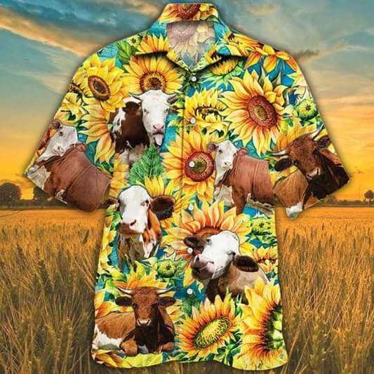 Simmental Cattle Lovers Sunflower Watercolor Hawaiian Shirt HO2558