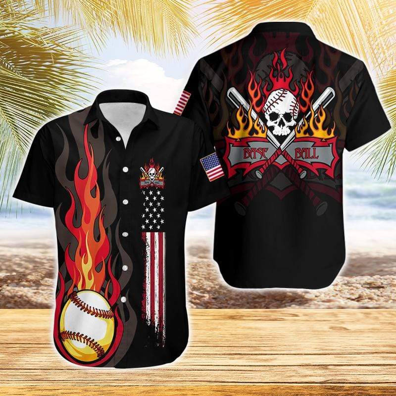 Flame Baseball Skull American Flag Hawaiian Shirts HO2944