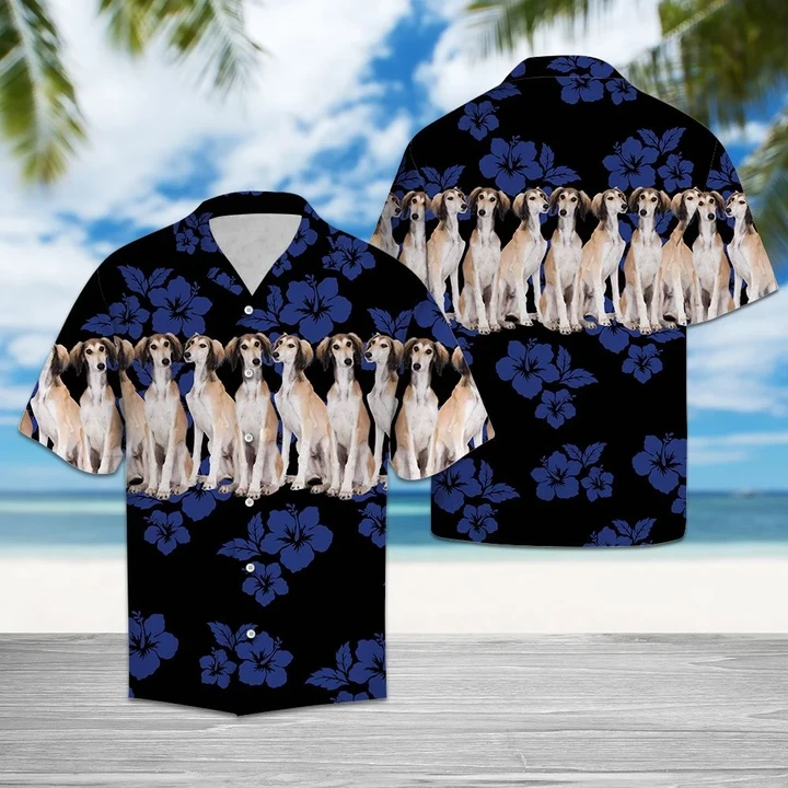 Saluki Dogs With Blue Hibiscus In Black Hawaiian Shirt HO1402