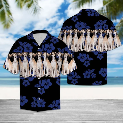 Saluki Dogs With Blue Hibiscus In Black Hawaiian Shirt HO1402