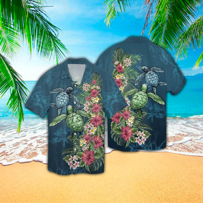 Sea Turtle With Tropical Leaf Flower 3D Print Polyester Hawaiian Shirt HO1172