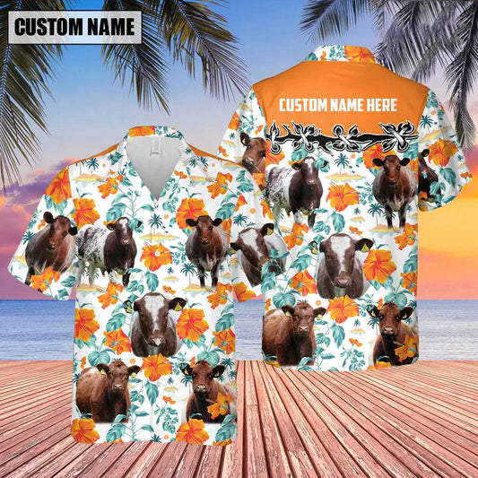 Shorthorn Hibiscus Floral Custom Name 3D Hawaiian Shirt, Summer Gifts For Men And Women HO3832