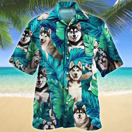 Siberian Husky Dog Lovers Gift Summer Beach Palm Tree Pattern Hawaiian Shirt HO3833